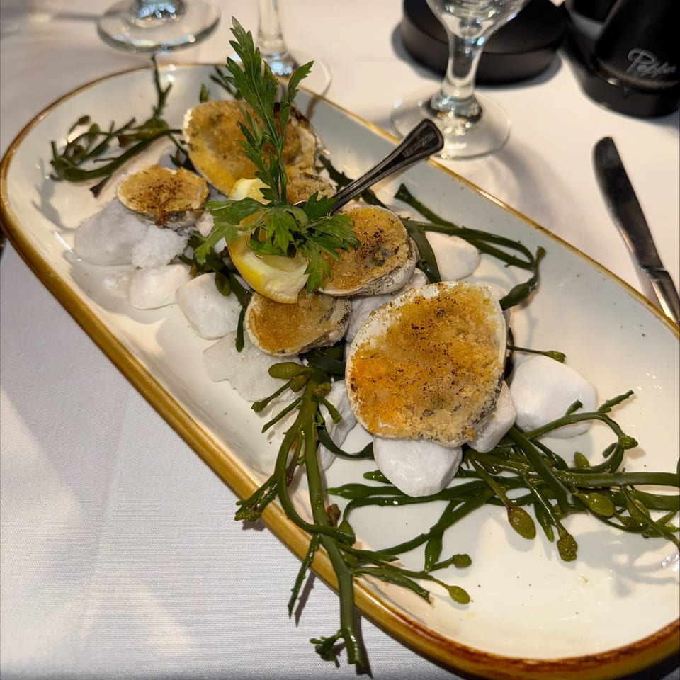Baked clams with breadcrumbs, lemon, and parsley, served on a bed of greens and white stones.