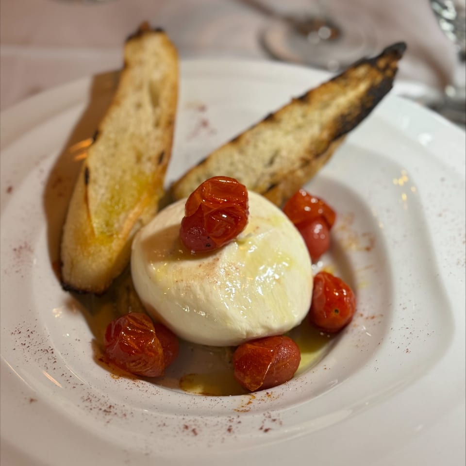 Burrata cheese with roasted cherry tomatoes and toasted bread on a white plate at Janina Bistro.