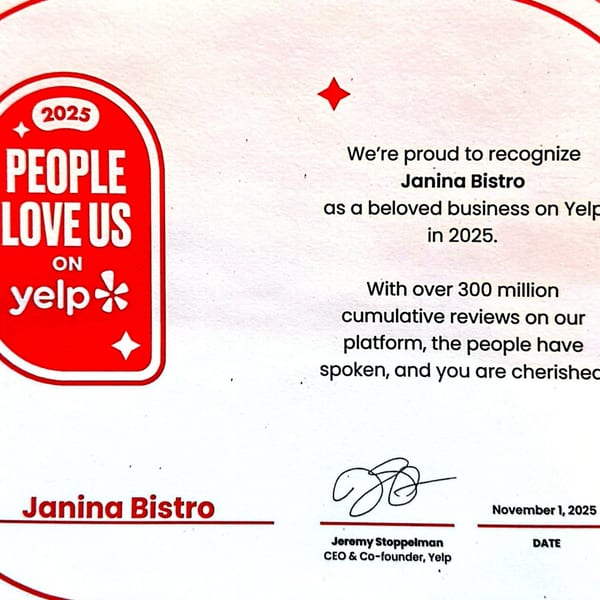 Yelp's "People Love Us on Yelp" award for Janina Bistro, dated 2025.