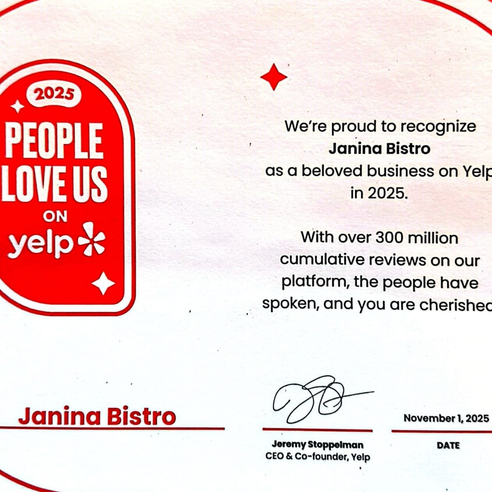 Yelp's "People Love Us on Yelp" award for Janina Bistro, dated 2025.